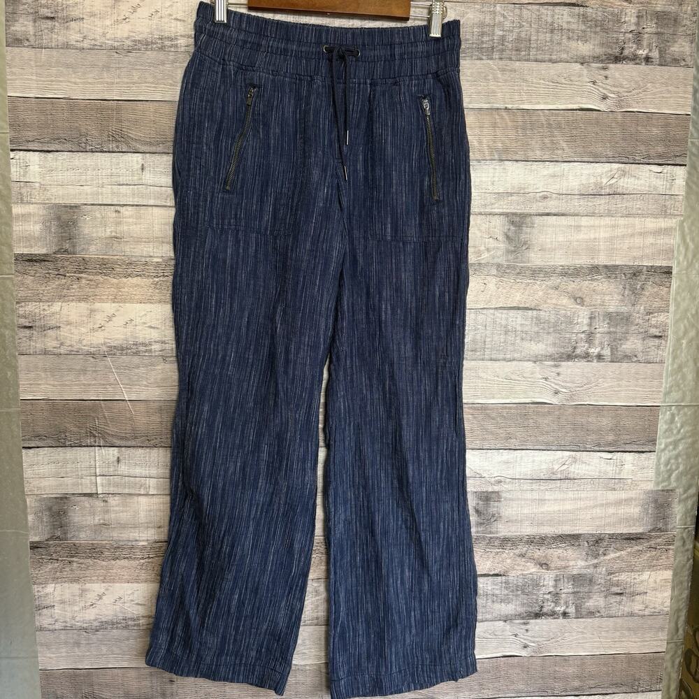 ATHLETA Cabo Linen Textured Wide Leg Pant Women Sz 6 Blue Zip Pockets Drawstring